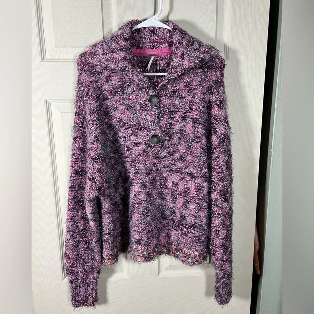 Free People Stellar Sweater, purple pink black, eyelash, warm cozy - Picture 2 of 6